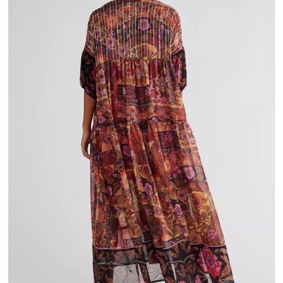 Free People Too Much To Dream Brown Pink Floral Tiered Beads Maxi NWT Size XS - Picture 4 of 14